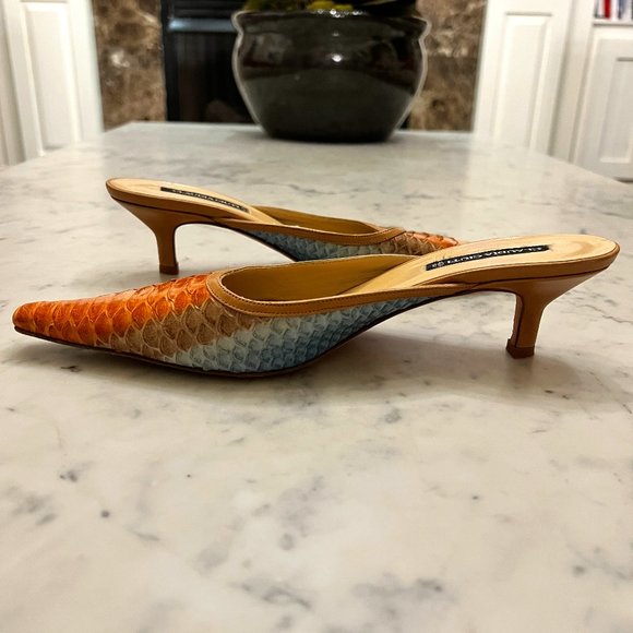 Like new! Gorgeous Claudia Ciuti Blue Brown Tan Snakeskin Leather Mules 7 - Picture 1 of 7